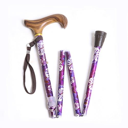 Folding Cane Adjustable Height with Wood Derby-Style Handle for Reliable Mobility Support – Purple Floral Walking Stick