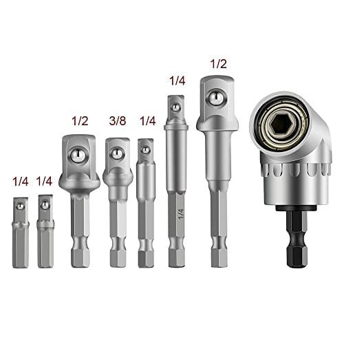 JelBo 8Pcs Socket Adapter Impact Hex Shank Drill Bits Bar Set 1/4" 3/8" 1/2" Bits + 1Pcs 105° 1/4" Right Angle Drill Adapter Attachment