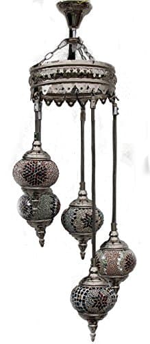 Turkish Ceiling Light, Suspended 5 Spiral Mesh Chains, Hand Made Glass Mosaic, Colourful Unique Glowing Shades Silver Metal Work