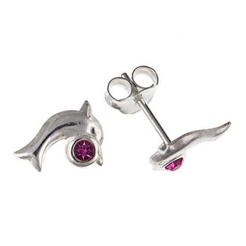 DOLPHIN Stud Earrings/Pair of Ear Studs with Sparkly ASSORTED COLOURS Crystal - 925 Sterling Silver - Girls/Childs/Childrens Earrings for Children