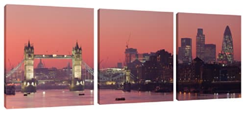 Tower Bridge London City Sunset Canvas Print - 3 Panel Split Panorama stretched and mounted around three 20 inch (51cm) square wooden frames by Pixel Zone