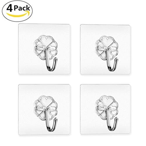 Wall Hook , Cofive 4 Pack Heavy Duty Adhesive Transparent Seamless Hooks With Solid Glue for Hat/Towel/Robe/Clothes/Loofah/keys ,No Scratch,Waterproof &amp; Oilproof ,Reusable Bathroom Kitchen Wall Hook &amp; Ceiling Hanger (6kg/13.3lb Max)