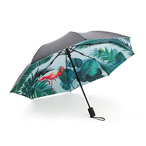 Anti-UV Umbrella, Leaf Flamingos Windproof Automatic Compact Rain Folding Travel Umbrella with Auto Open/Close and 99% UV Protection,Fashion Design for Women