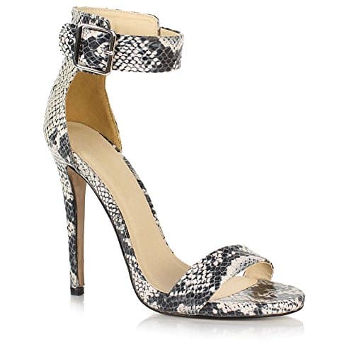 high siren stiletto heel ankle strap peep toe barely there sandals shoes snake, Beige, 5 UK
