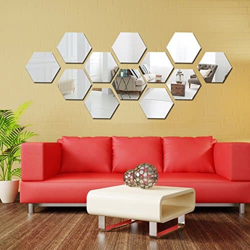 XMJR Wall decoration 3D hex box stereo wall mirror surface restaurant decorated in adhering the personality mirror posted creative living room wall surface, color mixer message color note 12 blocks, Large