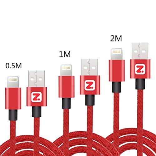 iPhone Lightning Cable, 3 Packs 0.5M/1M/2M Phone USB Charger Data Cable Wear resistant Nylon Braided Cord Heavy-Duty Aramid Fiber and street point Reinforced for iPhone 7/7 Plus/6/6 Plus/6s/5/5S/5C/SE, iPad 4, iPod, iPad Air 1/2, iPad Mini 1/2/3/4 by ZCOTU (Red)