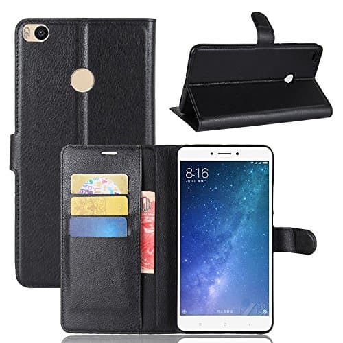 Weideworld Premium Quality PU Leather Book Style Wallet Flip Case Cover With Credit Card &amp; Money Slots For Xiaomi Mi Max 2 + Stylus Pen Black