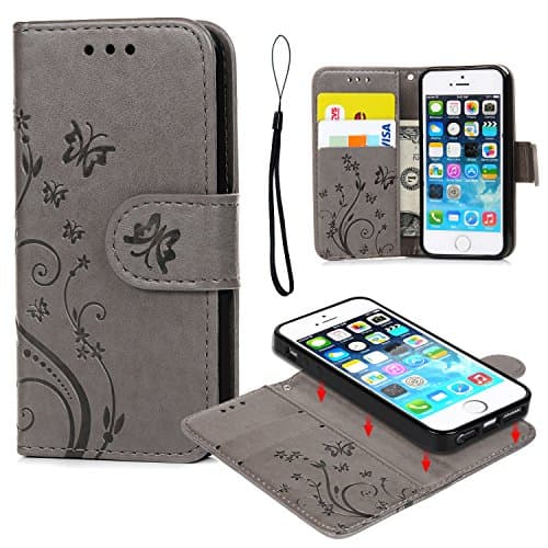 Pincenti iPhone 5 5S SE Case, iPhone 5 5S SE Wallet Case Embossed Butterfly PU Leather Flip Case Cover Detachable Magnetic Wallet with Card Slots and Wrist Strap for iPhone 5 5S SE Blue (Grey)