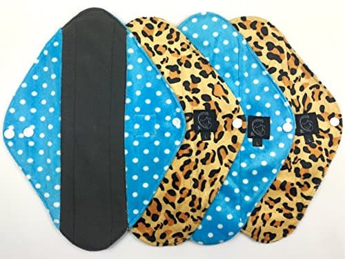 4 Pack SPOTS &amp; LEOPARD - HEAVY FLOW - Cloth Sanitary Pads (CSP), 30cm long x 10cm wide (11.75" L x 4" W) Bamboo CHARCOAL, Minkee / MINKY, Washable Reusable Period Protection, Menstrual Products, Mama Towel, Sanitary Napkins - {Kernow Kloth}