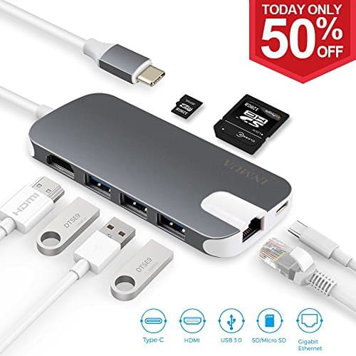 USB C HUB, INMUA Type C Hub Adapter with Power Delivery for Charging, HDMI Output, 1 USB C Port, 3 USB3.0 Ports, SD/Micro SD Card Reader, Gigabit Ethernet Port for New MacBook Pro/Chromebook Pixel and More (Space Grey)