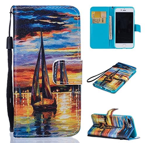 Yidaxing iPhone 7 PLUS Wallet Case, Premium PU Leather Flip Cover Colorful Pattern Design Shockproof Case with Hand Strap and Card Holder for iPhone 7 PLUS, Sailboat at sunset