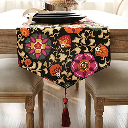 Table Runner American Style Rural Big Flower Double Layer Padded Table Runner TV Cabinet Cover Cloth Tablecloth-A 35x180cm(14x71inch)