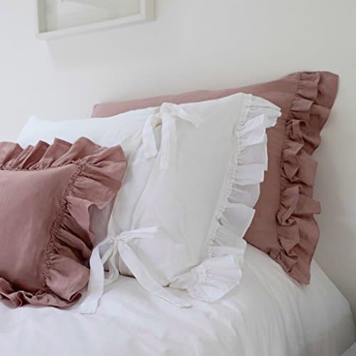 Linen Pillowcase, Ruffled Pillowcase, Linen Bedding. Double Short Side ruffle with tie back. Pair. Shabby Chic!