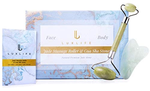 Real Jade Massage Roller w/Gua Sha Scraping Tool by LuxLife | Anti-Aging, Anti-Wrinkle Facial Massager | Stimulate Natural Chi & Face Blood Flow Circulation | Safe Skincare