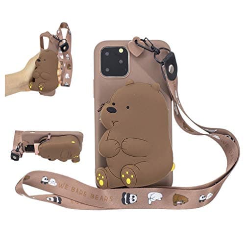 AuchSo Compatible with iPhone 11 Pro Max Wallet Case, Cartoon Cute Bear Panda Elephant Purse Soft Silicone Flexible TPU Bumper Back Slim Fit Protective Case for iPhone 11 Pro Max -Brown Bear