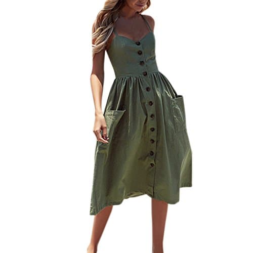 Womens Dresses Women's Casual Spaghetti Strap Button Down Swing Midi Dress with Pockets