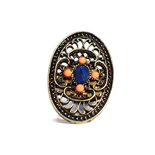 Orange &amp; Blue Bling Statement Art Deco Brass Ring, Repurposed Jewelry, Large, Adjustable