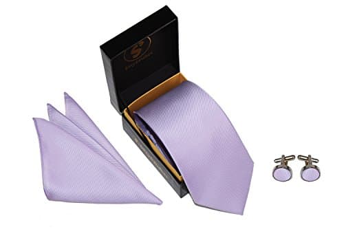 Men's Solid Color Tie Handkerchief Cufflinks Set 3pc Premium Necktie in Gift Box | Lavender