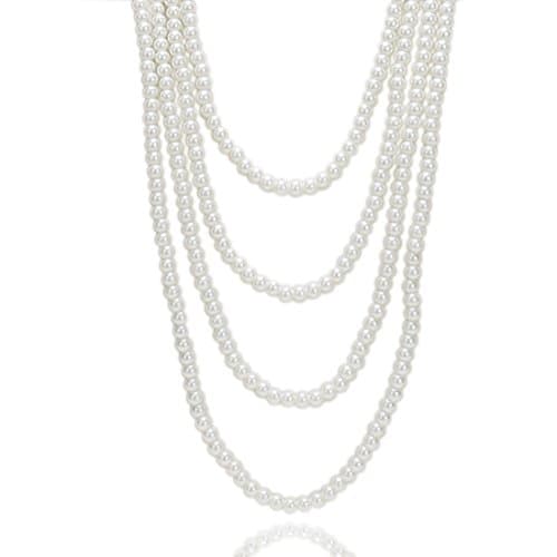 Kalse Multiple Layer 4 Strand 10mm Simulated Pearl Beads Pendant Bib Long Necklace White (NE0078)
