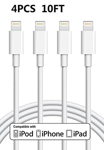 QXTE,iPhone Charger 4Pack 10FT Lightning to USB Cable Charging Cord with Compatible with iPhone X/8/7/6S/ 6 Plus, 5C/5S/5, iPad/iPod(White)