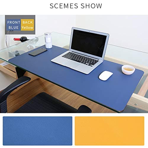 Desk Mat PU Leather Mouse Pad Mat Large Desk Pad Mouse Pad, FAFIT 80cm X 40cm Non-Slip PU Leather Desk Mouse Mat Waterproof Desk Pad Protector Gaming Writing Mat for Office Desks (Blue-Yellow)