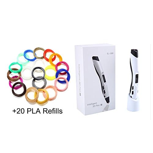 white 3d pen with extra 20 colors 16.4ft each total 328ft PLA refill 1.75mm ABS/PLA DIY 3D Printing Pen LED/LCD Screen Painting speed controlable children gift …
