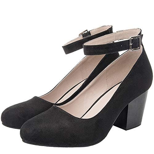 Luoika Women's Wide Width Heel Pump - Ankle Buckle Strap Round Closed Toe Dressing Shoes.