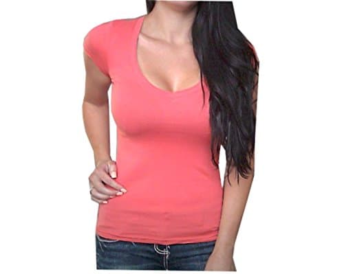 Sexy Women's Coral V-Neck Low-Cut Basic Short Sleeve T-Shirt Top