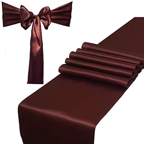 Combo Pack - 2 Satin Table Runners 12 x 108 inch & 10 Chair Sashes for Wedding Banquet Decoration, Bright Silk and Smooth Fabric Party Decor (Combo 2 Table Runner + 10 Chair Saches, Coffee Brown)