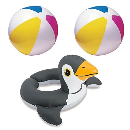 Intex Beach &amp; Pool Party Bundle: 3 Items - Two Beach Balls, Penguin Split Pool Ring