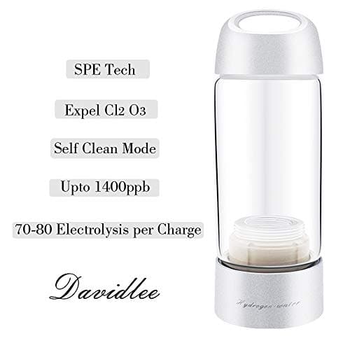 Davidlee Portable Hydrogen-Rich Generator Water Bottle SPE Technology Ionizer Mode 3 mins Self- cleaning Function High Concentration Discharge Ozone and Chlorine - 380ml F6