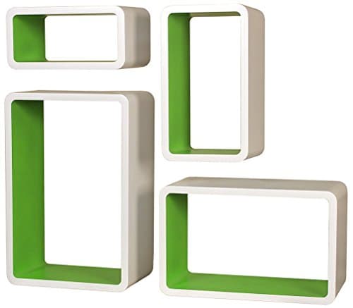 SLS Vision. Set of 4 Floating Decorative Round Corner Rectangular White and Green Wall Shelves. WG01