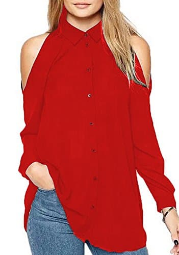 JadeRich Women's Solid Lapel Button Off Shoulder Sleeve Blouse