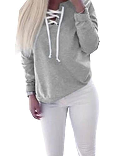 ForeverGod Women's Solid Bandage Pullover Autumn Comfort Stylish Sweatshirts Grey M