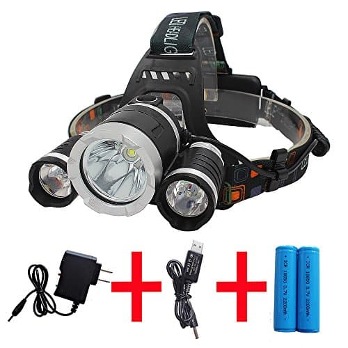 SenRui Headlight High Power Super Bright Headlamp Flashlight with 3 CREE XM-L T6 LED Rechargeable Batteries Wall Charger and USB Cable for Camping Hiking Hunting Working