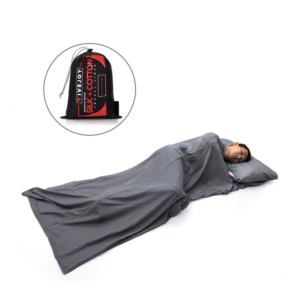 FiveJoy Premium Silk Cotton Blend Sleeping Bag Liner with Built-in Pillow Case - Lightweight Compact Breathable Absorbent Travel Sheet - Sleep in Clean Luxurious Comfort - Camping Backpacking Hostel