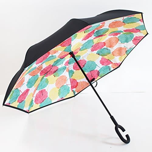 Double Layer Wind Proof,UV Proof Reverse Folding Inverted Car Ran Outdoor use Travel Umbrella with C Shape Handle and Carrying Bag (Leaf)