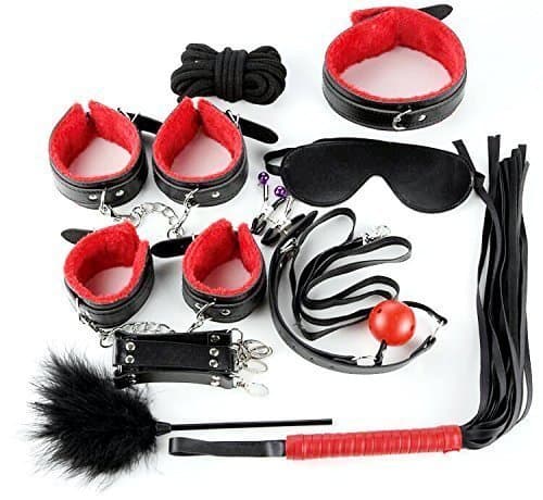 10 PCS Bed restraint restraintromance Kit with Adjustable Fur Leather Cullfs Set /Rope /Blindfold /Mouth Gag / Magic Wand / Cross Strap For Couples,Red
