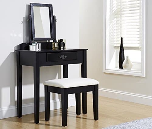 Dressing Table Set Black Padded Dresser Stool Fabric Adjustable Mirror &amp; Drawer by Brown Source