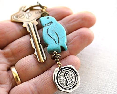 Personalized Penguin Keychain Silver Wax Seal Initial Monogram Custom Keyring Blue Turquoise Keychain, best friends gifts Handmade and Crafted by KapKaDesign