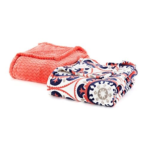 Velvet Plush 2-Pack Oversized Lounge Throws, 60" x 70" (Coral and Suzani)