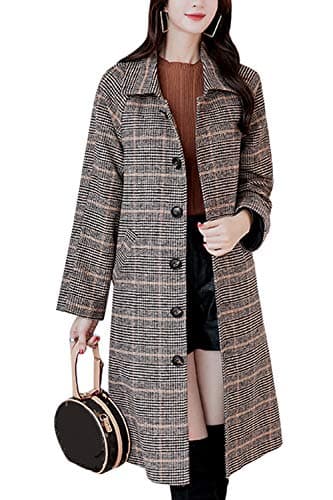 Women Wool Blend Trench Coat Button Down Long Sleeve Plaid Pea Coats