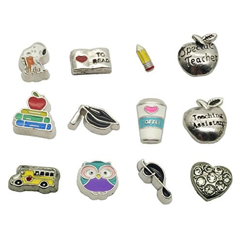 Dotiow 12pcs/Set Teacher Theme Floting Charms Glass Memory Locket Lanyard Necklace Pendant