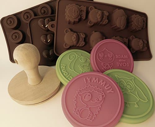 Deluxe Silicone Cookie Stamp and Silicone Candy Mold set; includes 4 cookie stamps and wooden stamper;and 3 silicone molds of lion/bear/hippo candy mold, round candy mold, and heart candy mold