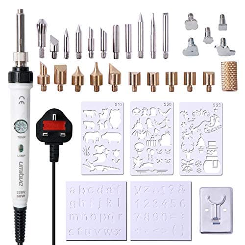 Umitive 34Pcs Wood Burning Pyrography Pen Kit, 60W, Adjustable Temperature, 28 Wood Burning Attachments, 5 Stencils, 1 Support, Electric Engraving Craft Tools On Wood, Leather