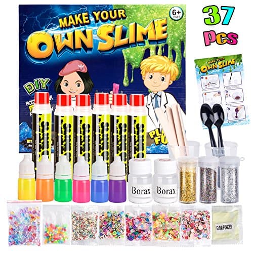 Slime Kit,DIY Make Your Own Slime 35 Pack Non Toxic Clear Putty Glowing Slime Kits Toy for Girls Kids Gift, Magic Slime Toy with 2 Bottles Glue,2 Color Neon Paints,6 Colorful Slice,1 Glitter Shakes,1 Glow Powder; European Certificated