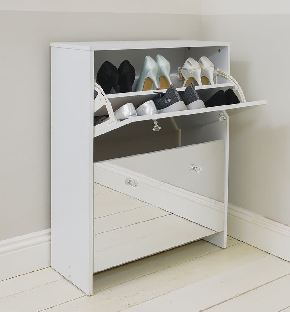 Two Drawer White Mirrored Shoe Storage Cabinet
