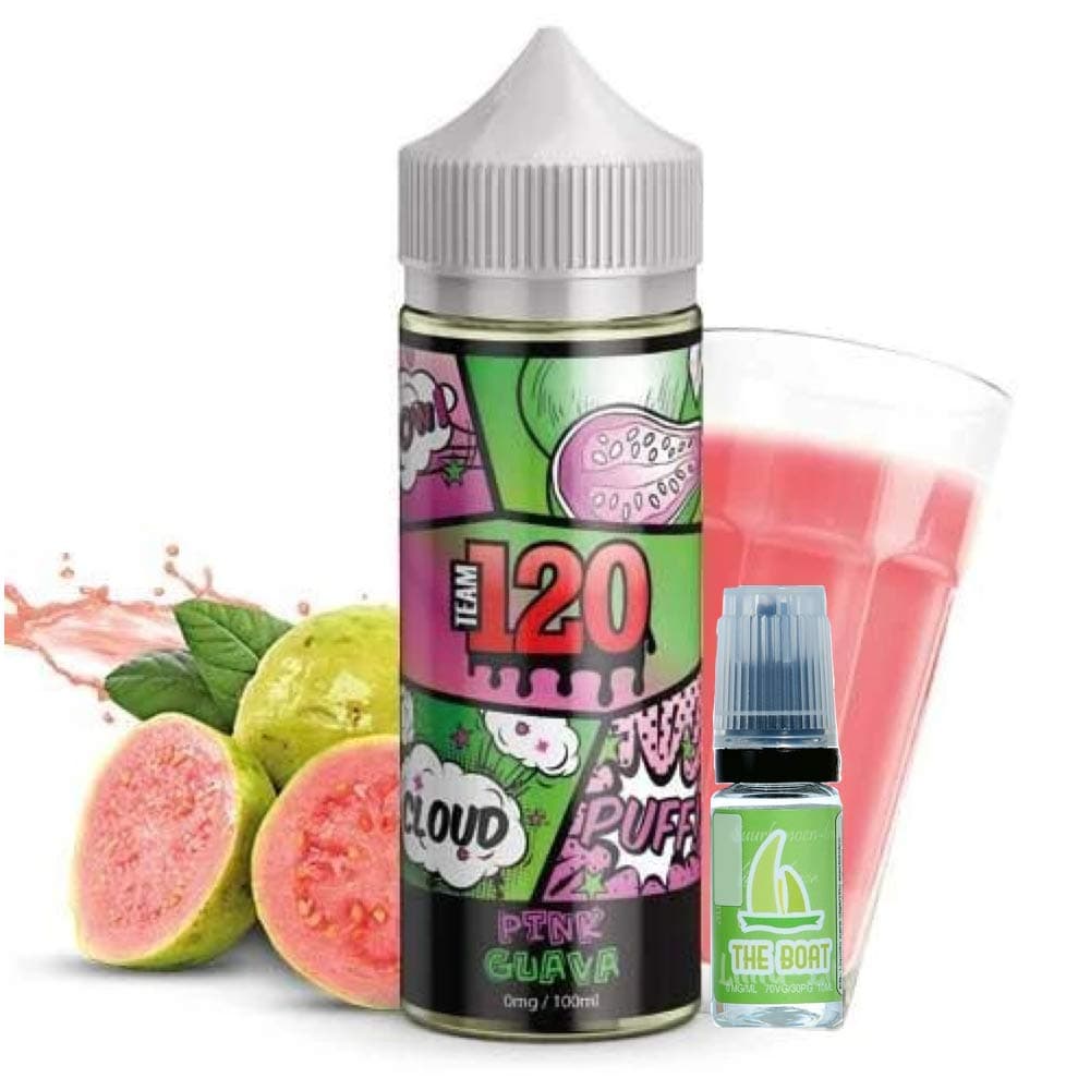 E Liquid E Juice Team 120 Pink Guava 100ml – 70 vg 30 pg - shortfill – No Nicotine + E Liquid The Boat 10ml Lemon and Lime – No Nicotine.