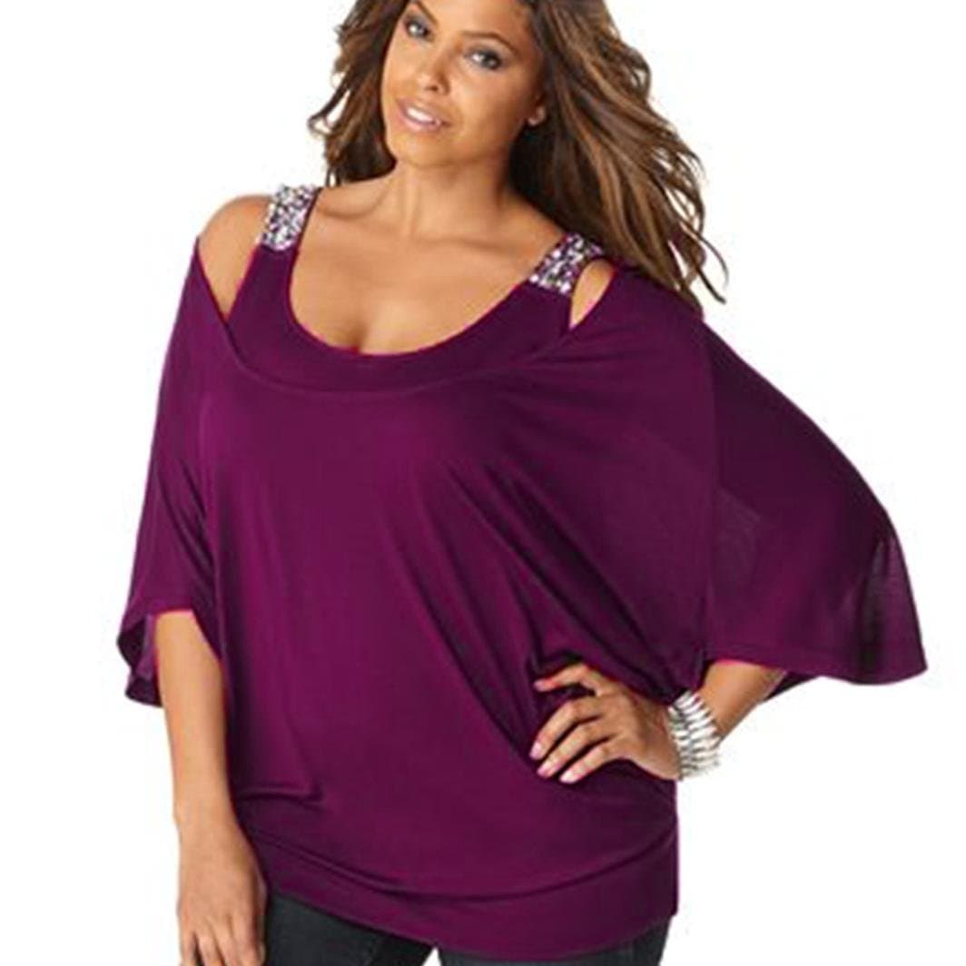 Bat Blouse, Clearance!Women Solid Off Shoulder 3/4 Sleeve Plus Size Loose Bling T Shirt Tunic Tops