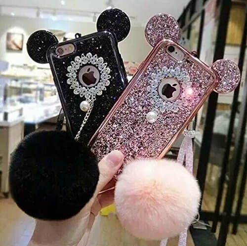 Punassi Cute Manual Shiny Glitter Crystal Diamonds Mouse Ear Shape Soft TPU Clear Shell Case with Fluffy Fur Ball (iphone 6/6s, Black)
